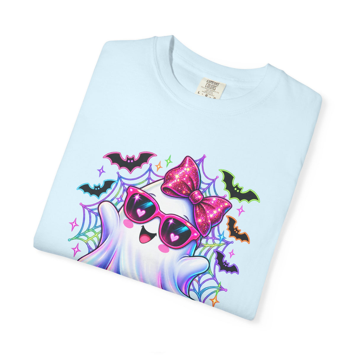 Cute Halloween Ghost T-Shirt — Pink Bow Ghost with Sunglasses & Pumpkins