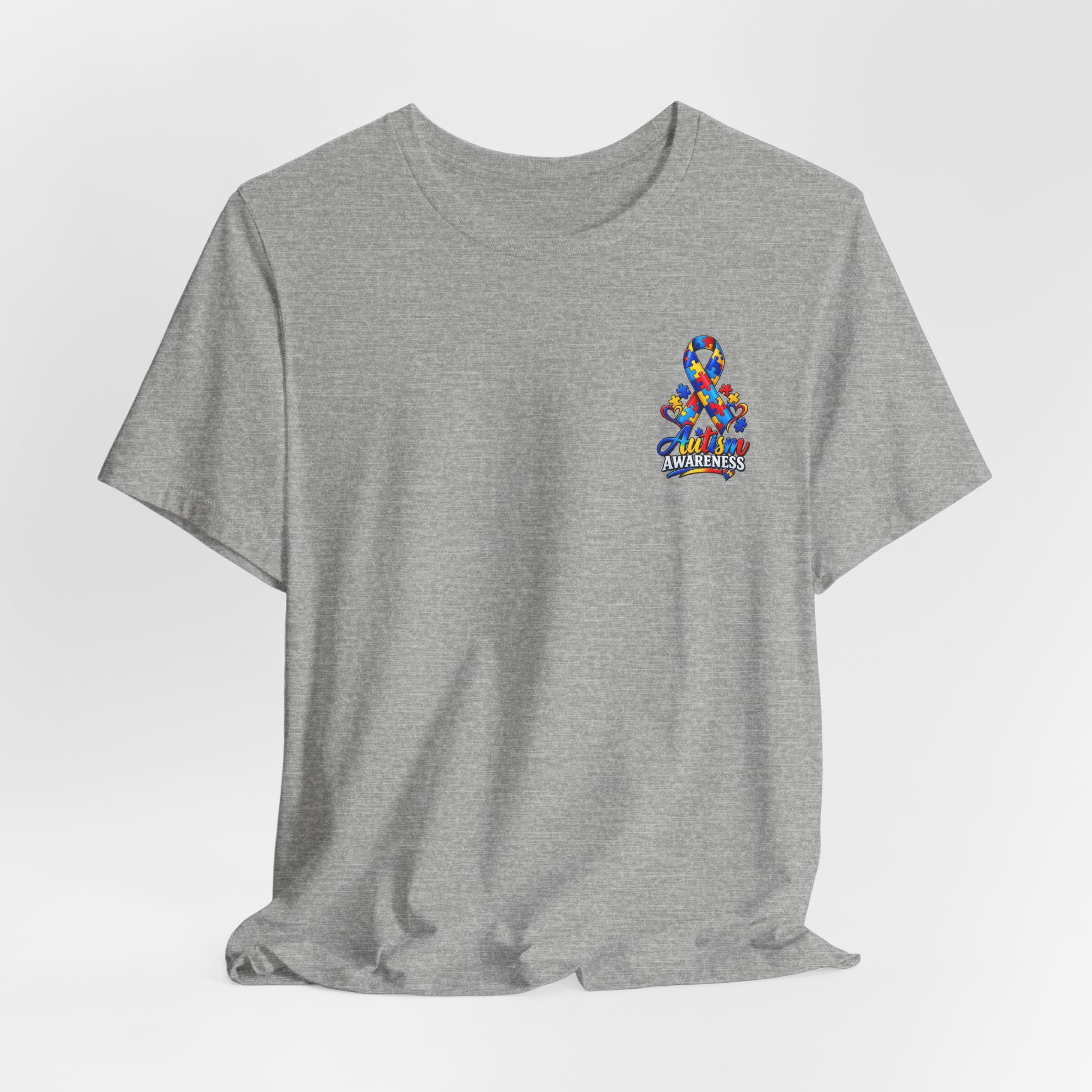 Autism Awareness Ribbon Chest Tee — 'Different, Not Less' Short Sleeve T-Shirt