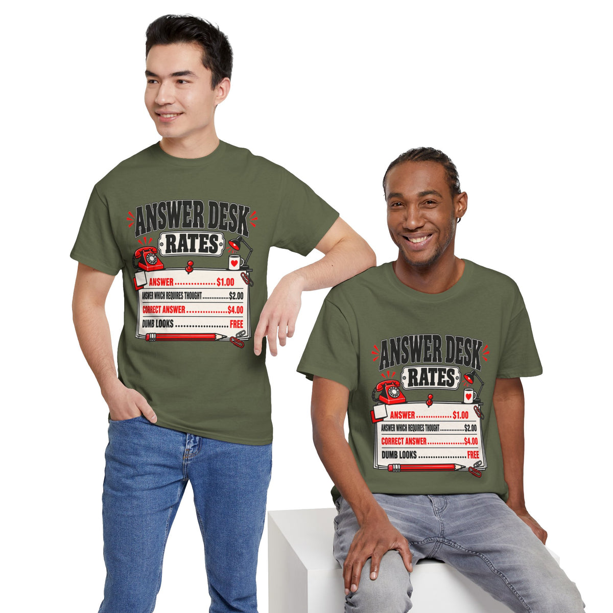Answer Desk Rates T-Shirt — Funny Help Desk IT Support Tee ("Answer 1.00, Correct Answer 4.00")