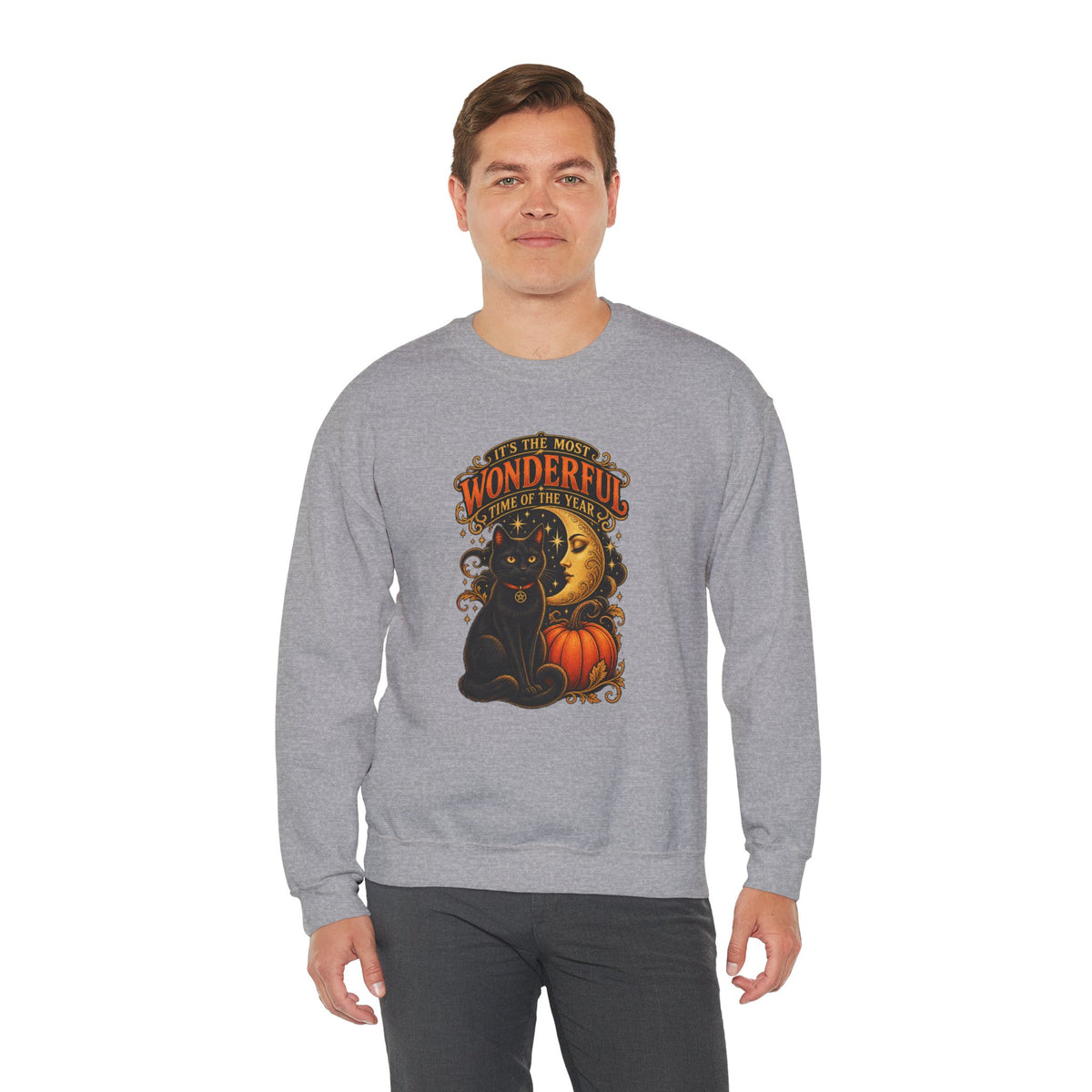 Vintage Halloween Sweatshirt - "It's the Most Wonderful Time of the Year" Black Cat & Moon Design