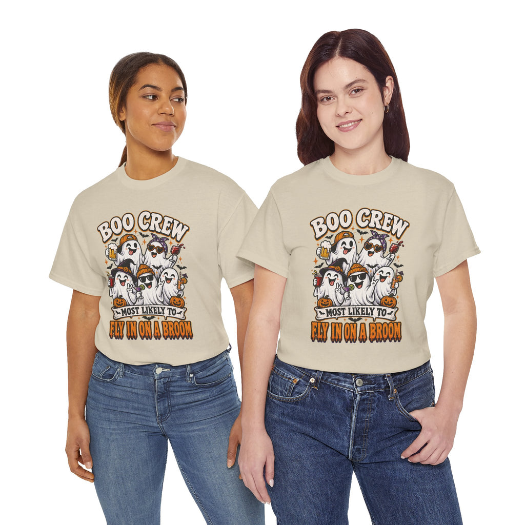 Boo Crew T-Shirt — “Most Likely to Fly on a Broom” Halloween Ghost Tee