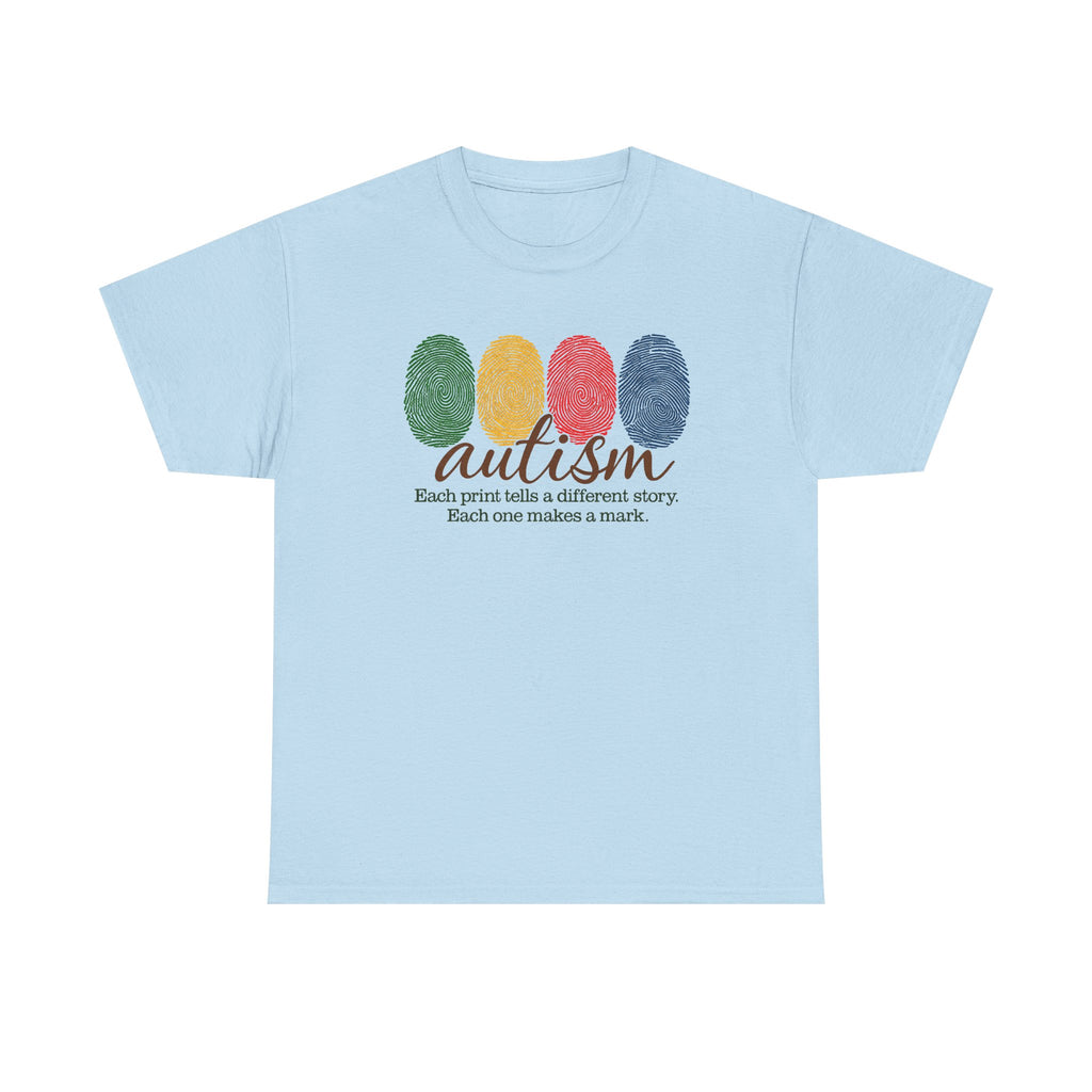 Autism Awareness T-Shirt — "Each Print Tells a Different Story" Colorful Fingerprint Tee