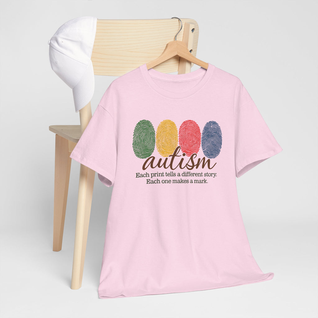 Autism Awareness T-Shirt — "Each Print Tells a Different Story" Colorful Fingerprint Tee