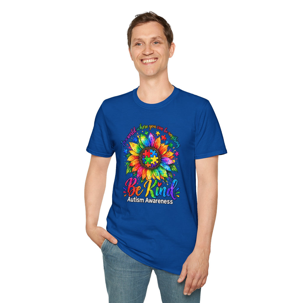 Autism Awareness Sunflower T-Shirt — 'Be Kind' Rainbow Puzzle Design
