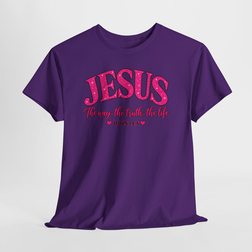 Christian T-Shirt — "JESUS The way, the truth, the life" (John 14:6) Pink Vintage Script