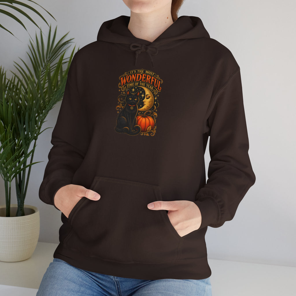 Halloween Black Cat Moon Hoodie – Vintage Pumpkin & Crescent Moon Fall Sweatshirt