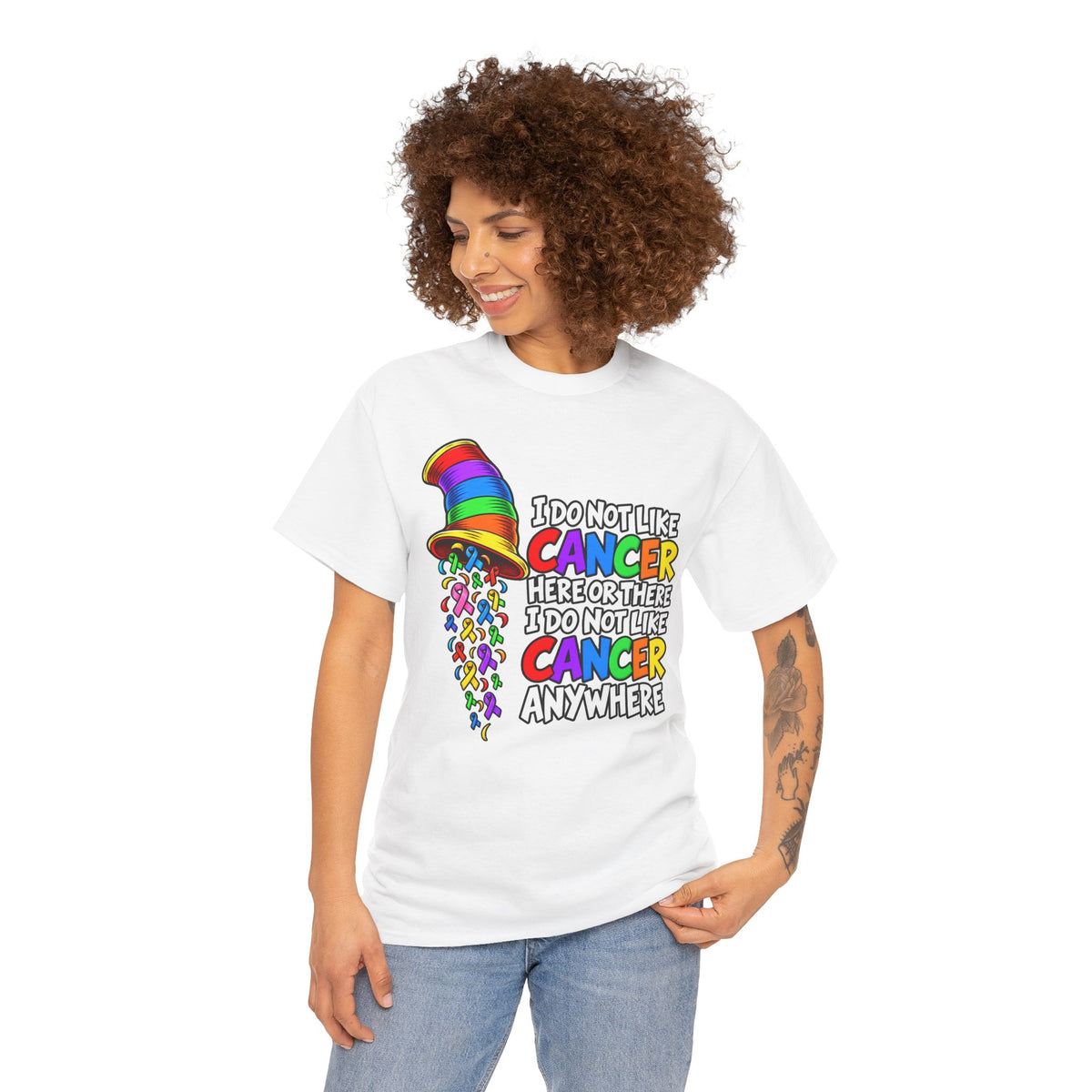 Cancer Awareness T-Shirt — “I Do Not Like Cancer Here or There” Rainbow Ribbon Tee