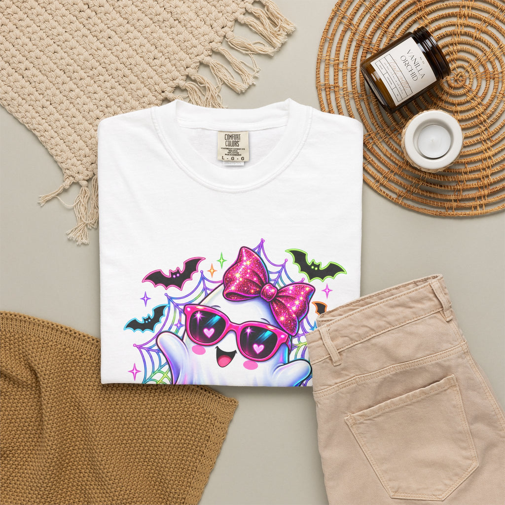 Cute Halloween Ghost T-Shirt — Pink Bow Ghost with Sunglasses & Pumpkins