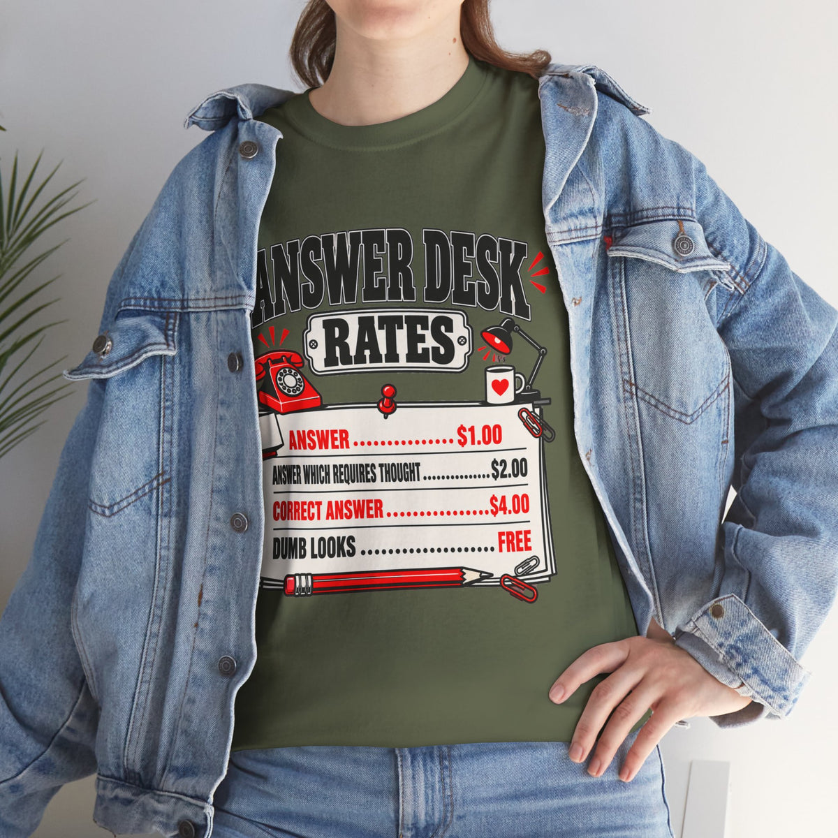 Answer Desk Rates T-Shirt — Funny Help Desk IT Support Tee ("Answer 1.00, Correct Answer 4.00")