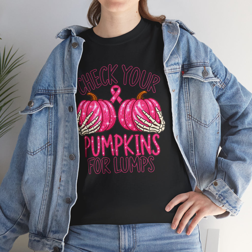 Breast Cancer Awareness T-Shirt — "Check Your Pumpkins for Lumps" Pink Ribbon Tee