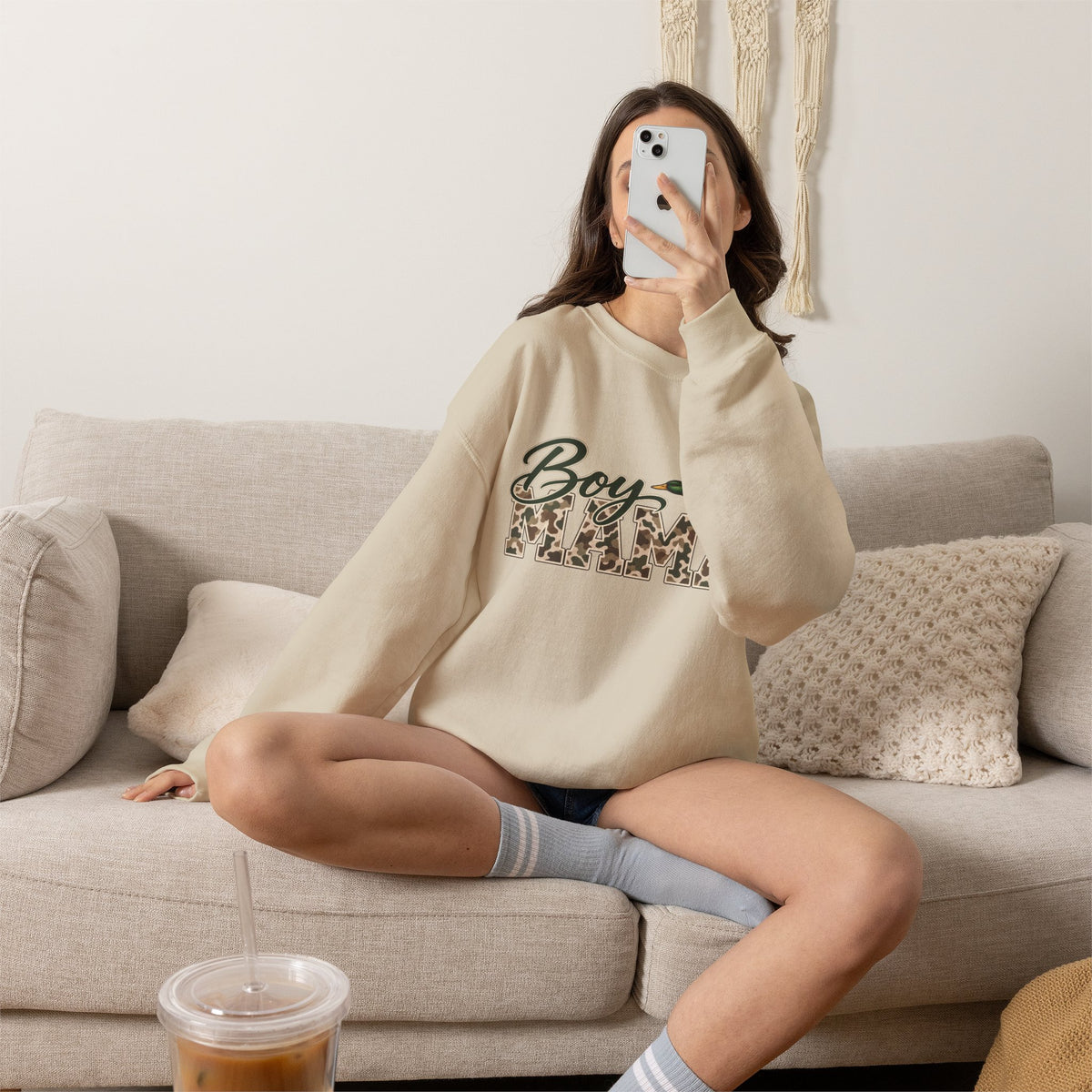 Boy Mama Crewneck Sweatshirt — Camo Lettering with Flying Duck