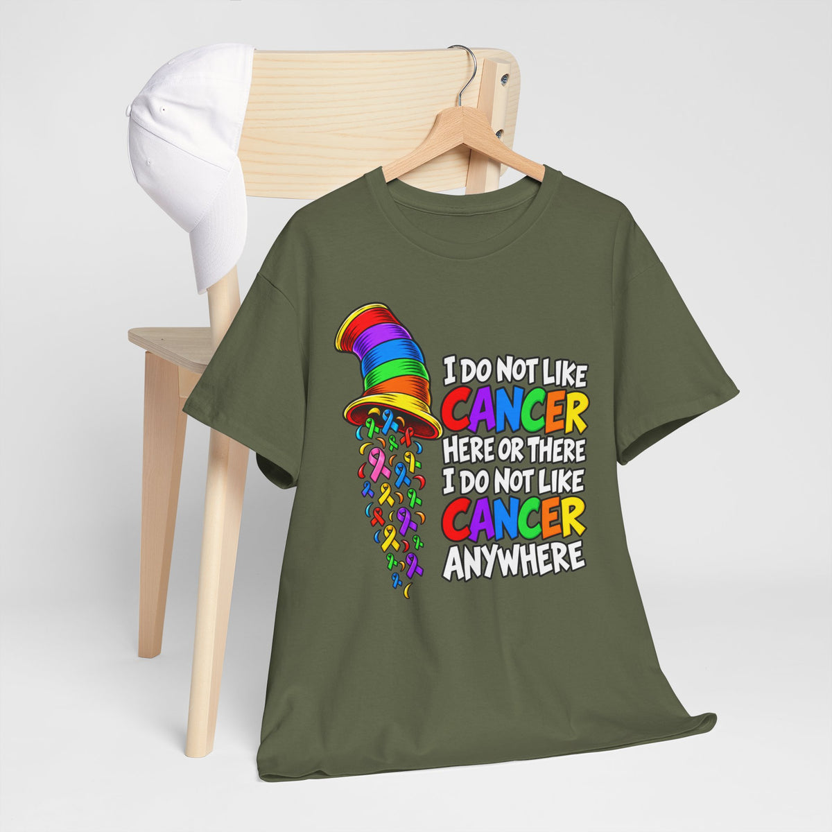 Cancer Awareness T-Shirt — “I Do Not Like Cancer Here or There” Rainbow Ribbon Tee
