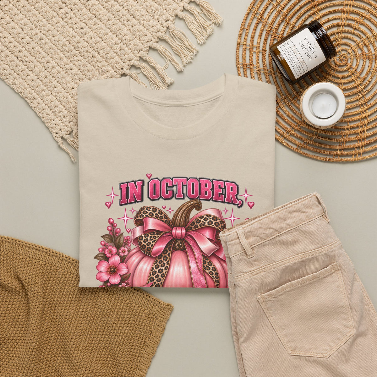 Breast Cancer Awareness T-Shirt — "In October We Wear Pink" Pumpkin Design