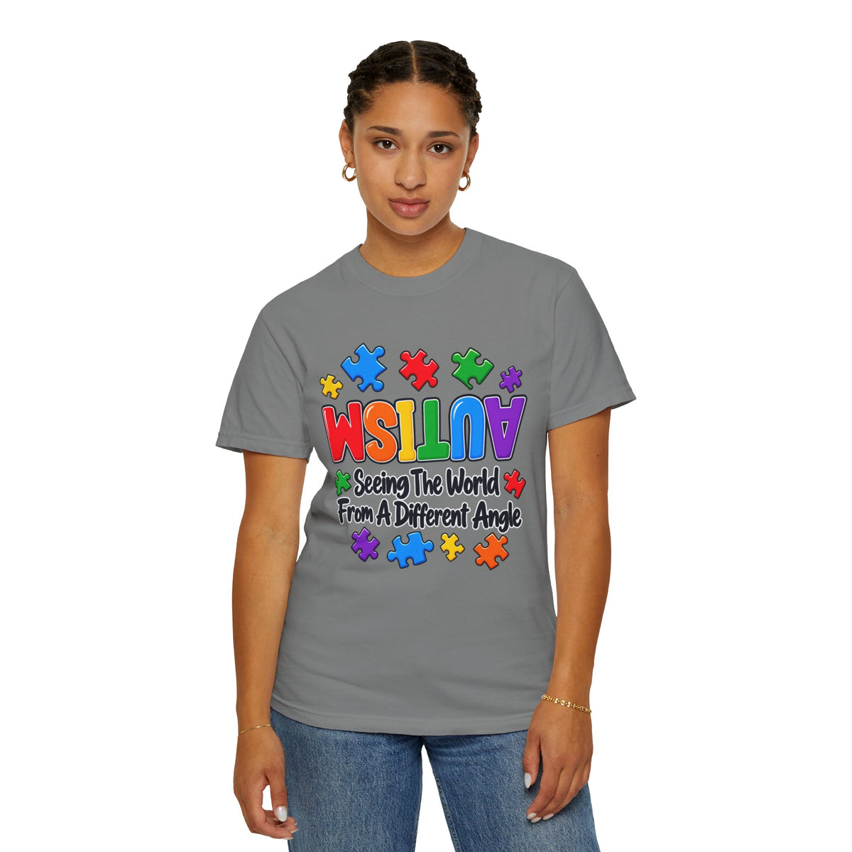 Autism Awareness T-Shirt — "Seeing the World From a Different Angle" Puzzle Design