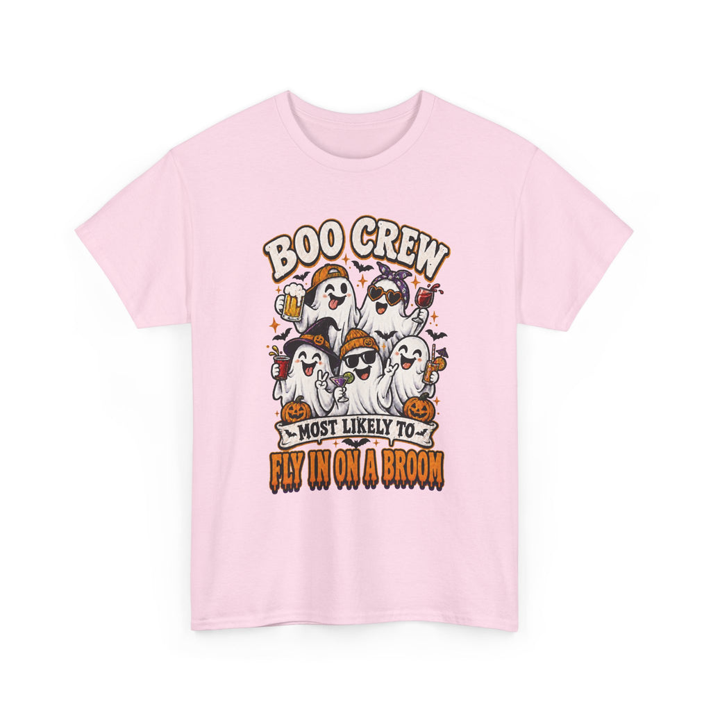 Boo Crew T-Shirt — “Most Likely to Fly on a Broom” Halloween Ghost Tee