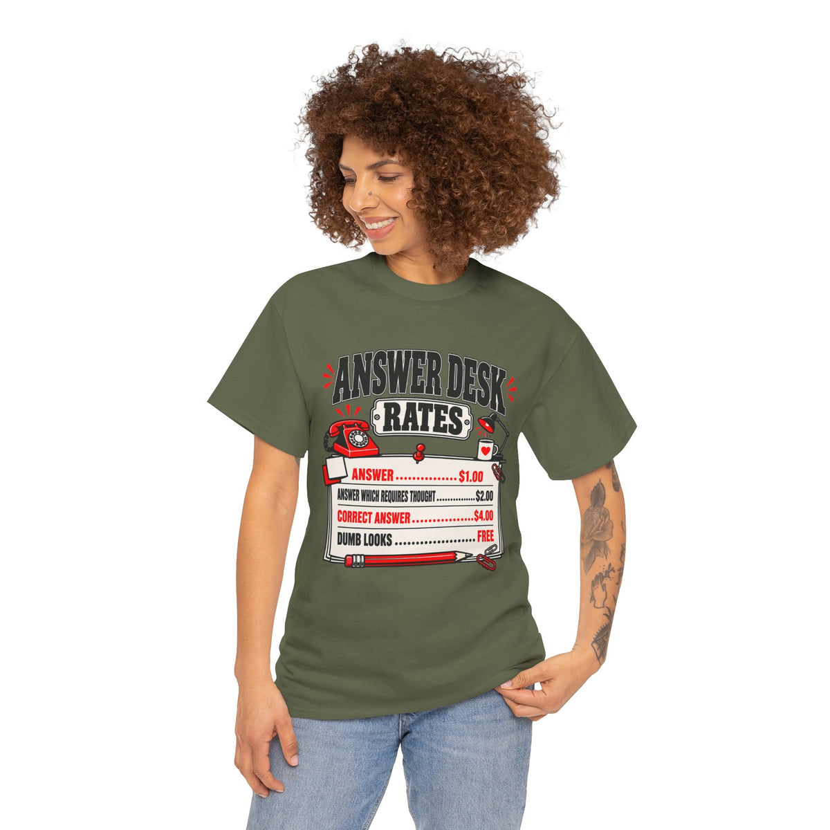 Answer Desk Rates T-Shirt — Funny Help Desk IT Support Tee ("Answer 1.00, Correct Answer 4.00")