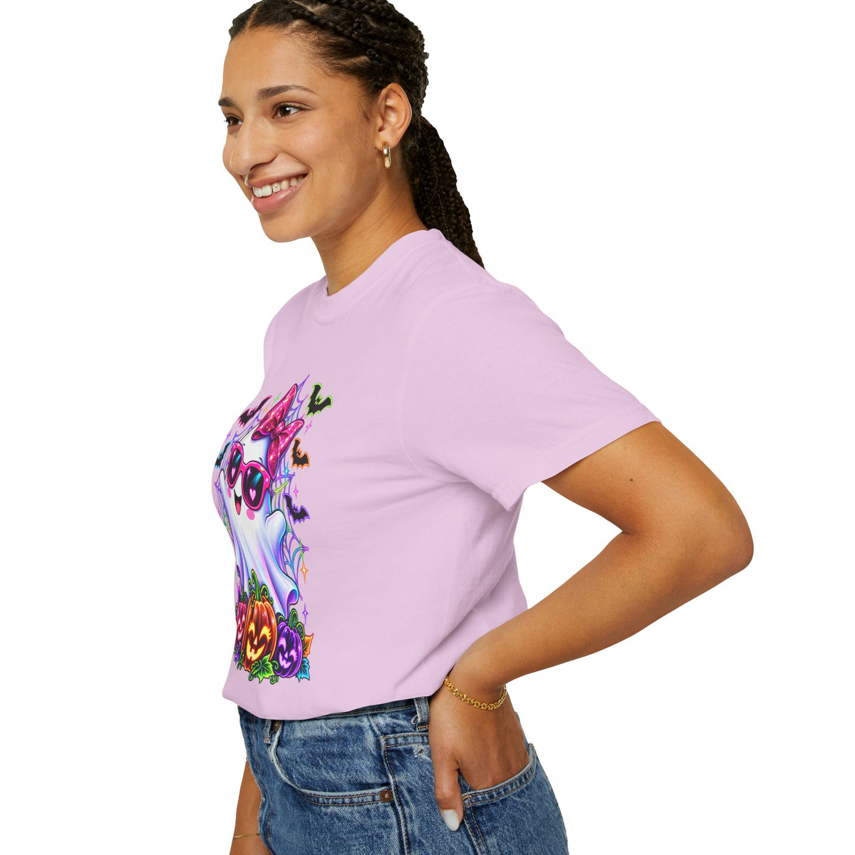 Cute Halloween Ghost T-Shirt — Pink Bow Ghost with Sunglasses & Pumpkins
