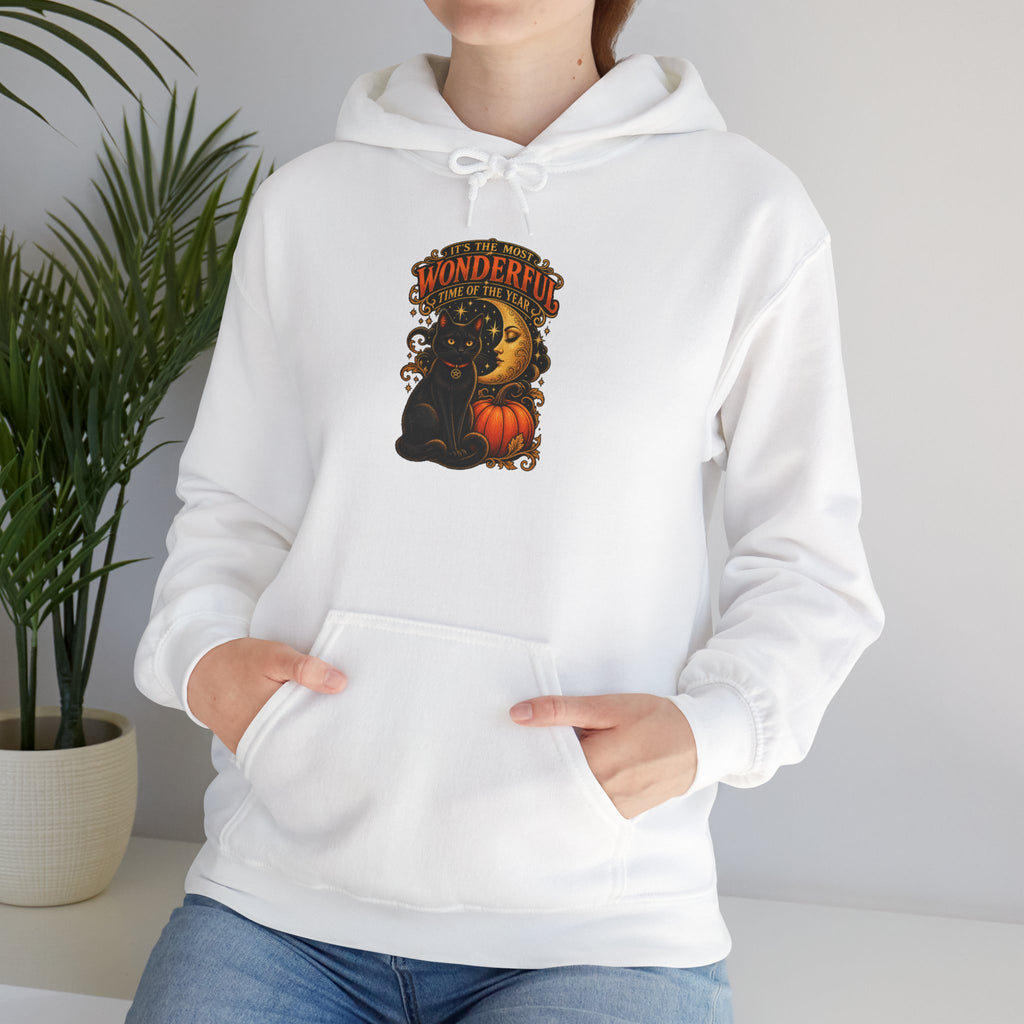 Halloween Black Cat Moon Hoodie – Vintage Pumpkin & Crescent Moon Fall Sweatshirt