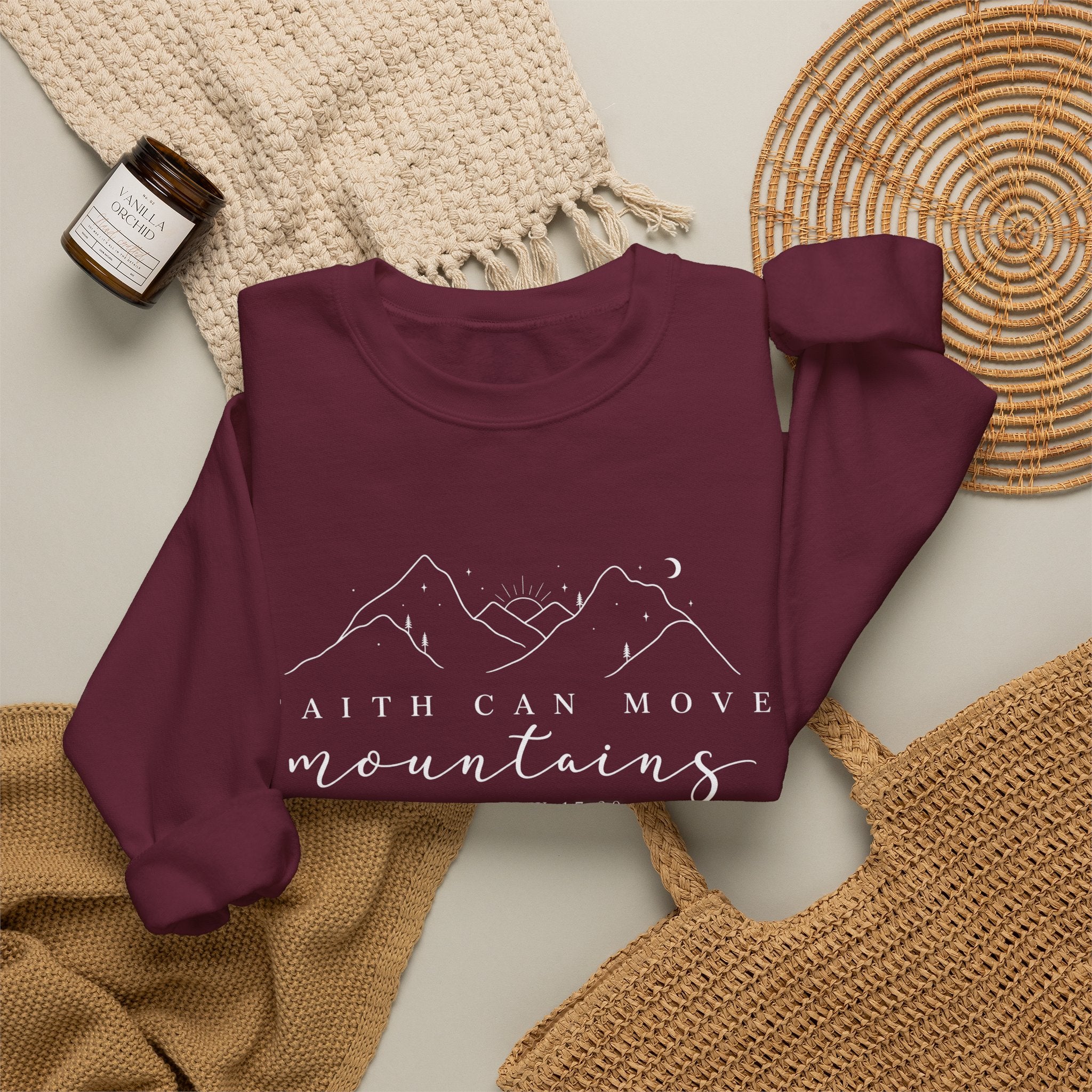 Faith Can Move Mountains Crewneck Sweatshirt — Matthew 17:20 Christian Mountain Design
