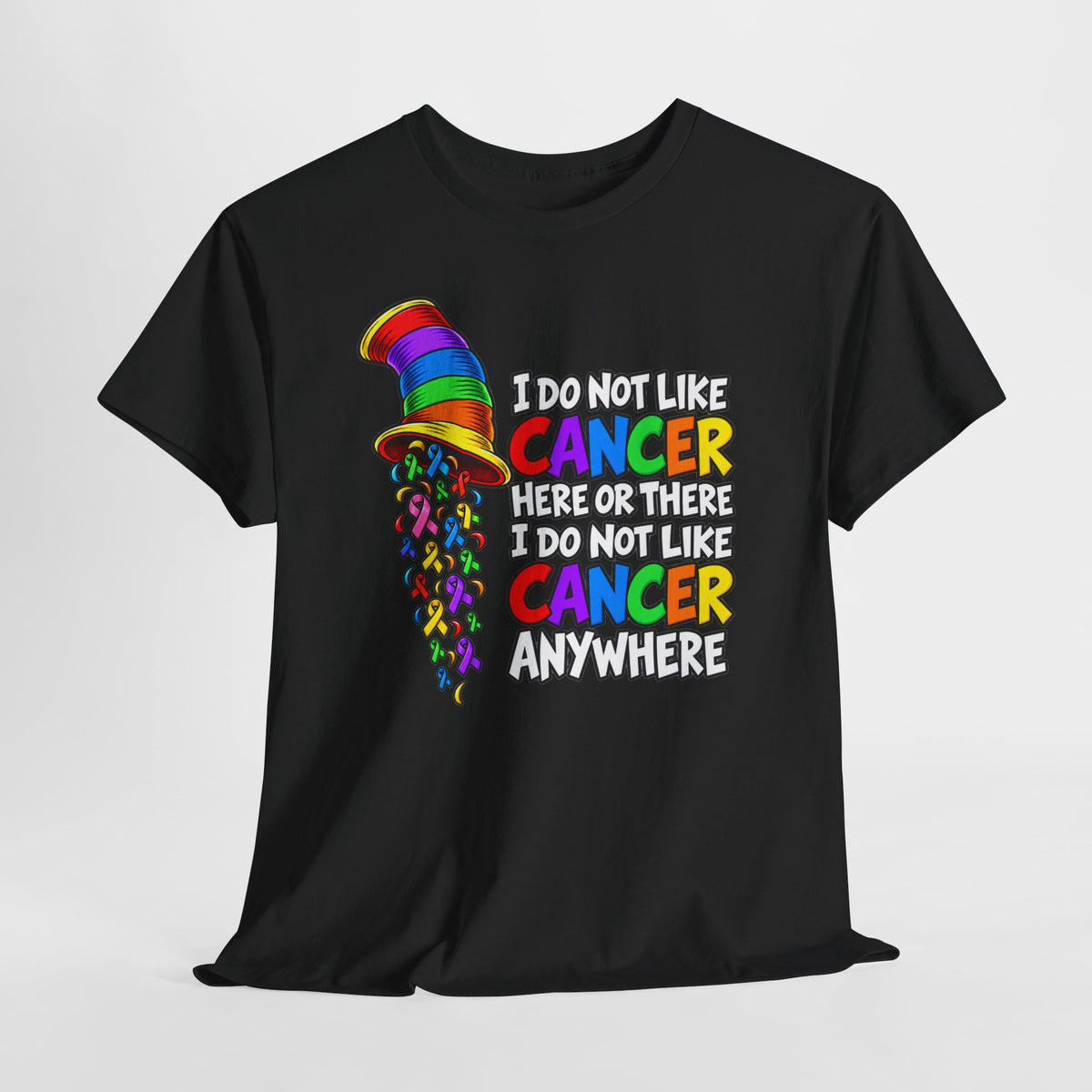 Cancer Awareness T-Shirt — “I Do Not Like Cancer Here or There” Rainbow Ribbon Tee