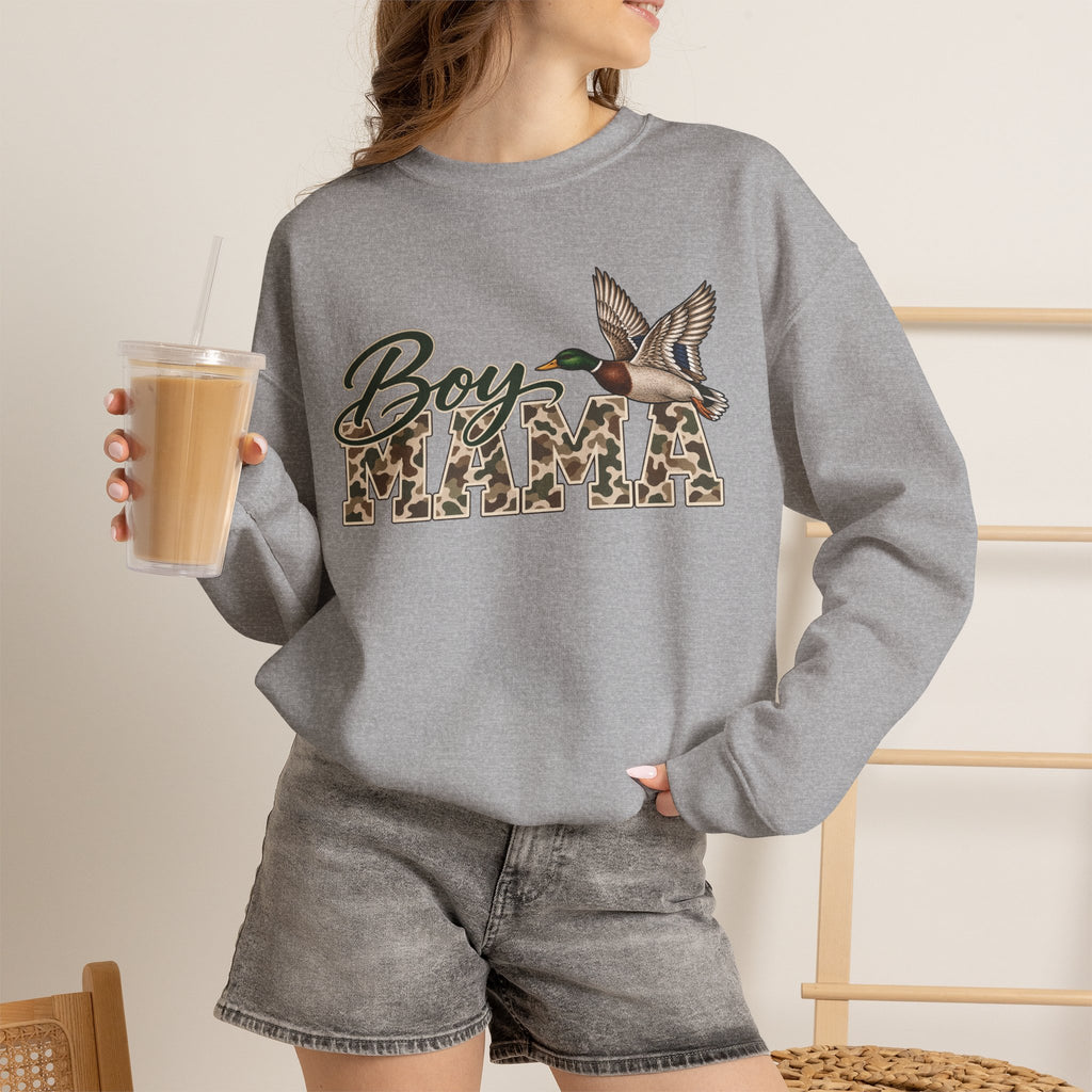 Boy Mama Crewneck Sweatshirt — Camo Lettering with Flying Duck