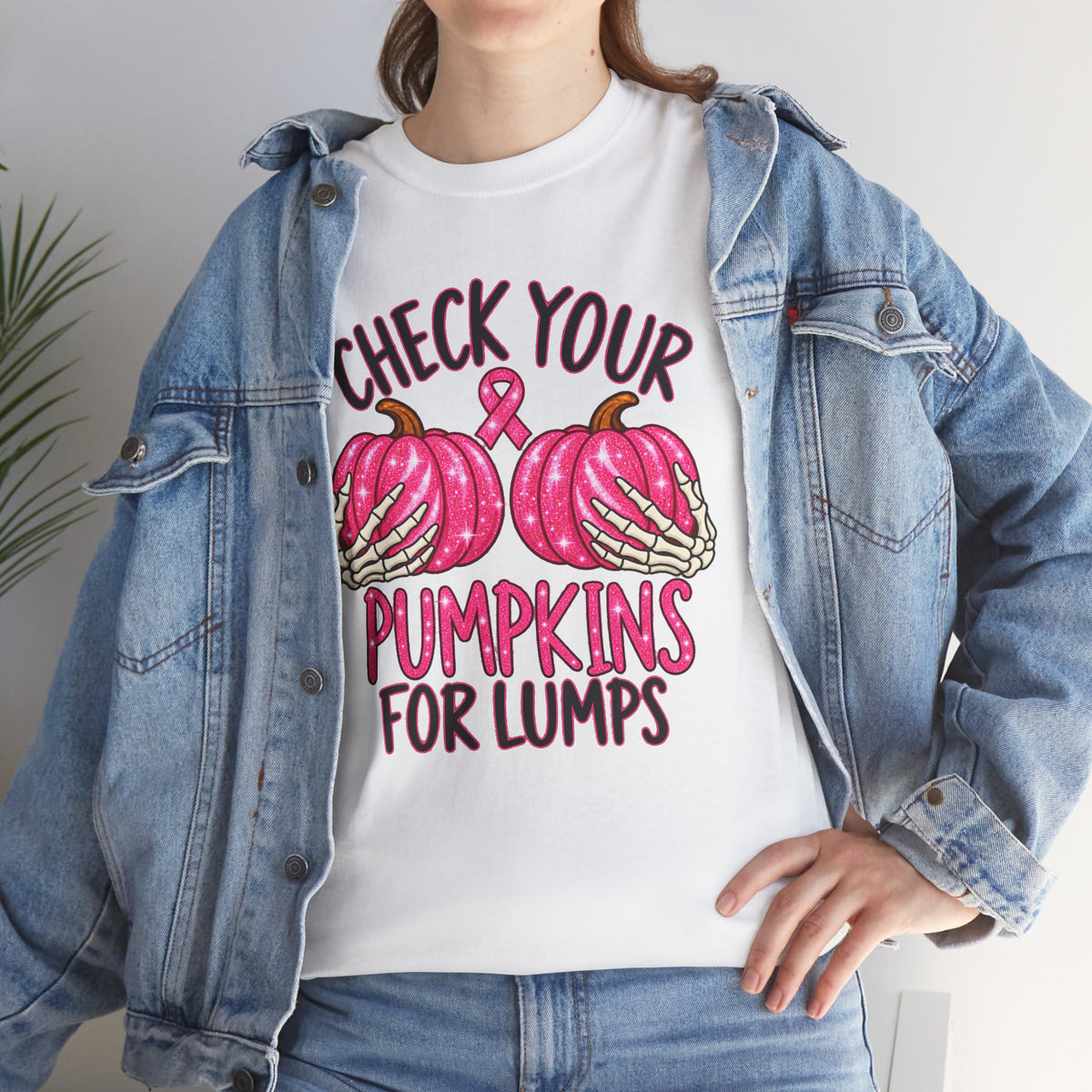 Breast Cancer Awareness T-Shirt — "Check Your Pumpkins for Lumps" Pink Ribbon Tee