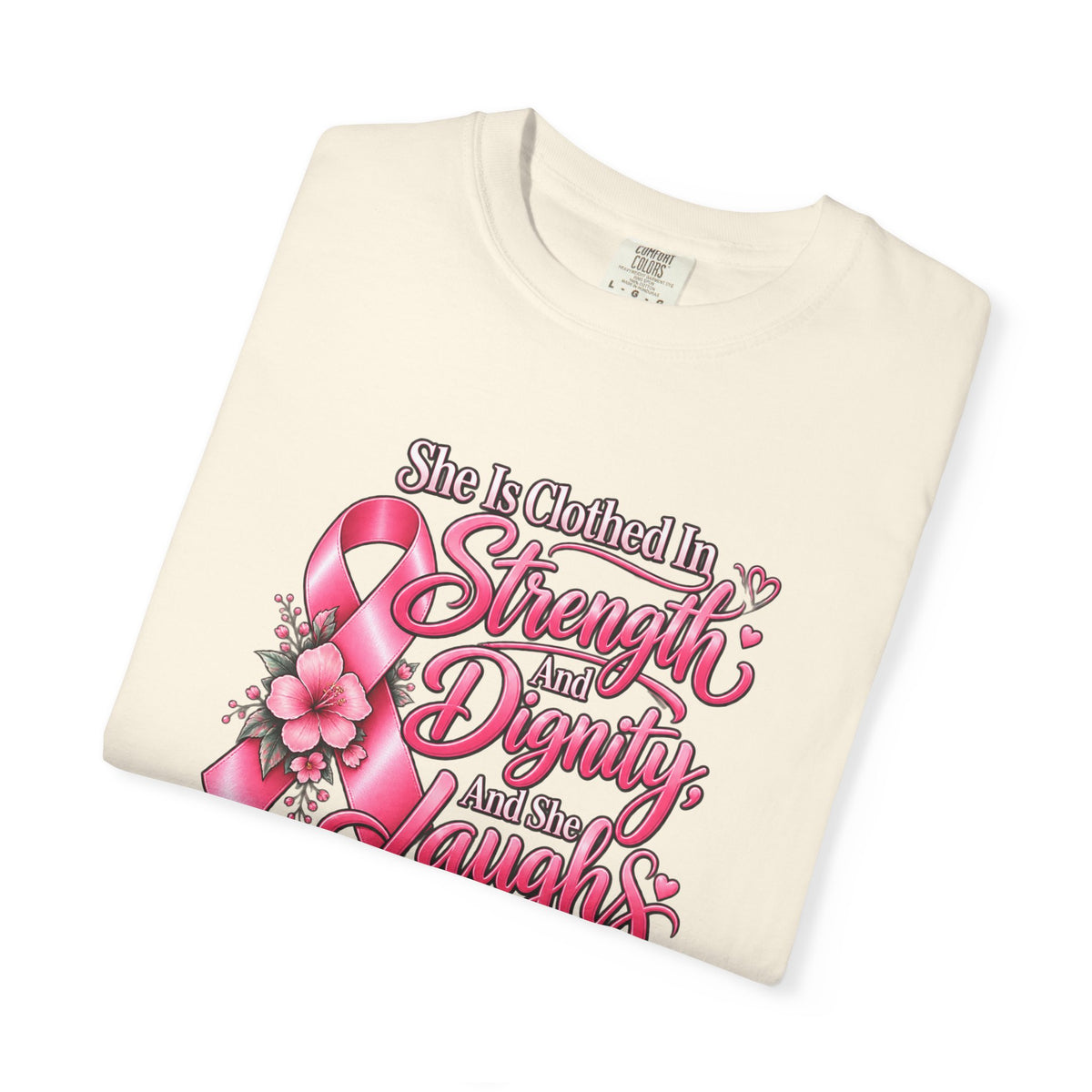Breast Cancer Awareness T-Shirt — "She is Clothed in Strength" Pink Ribbon Tee