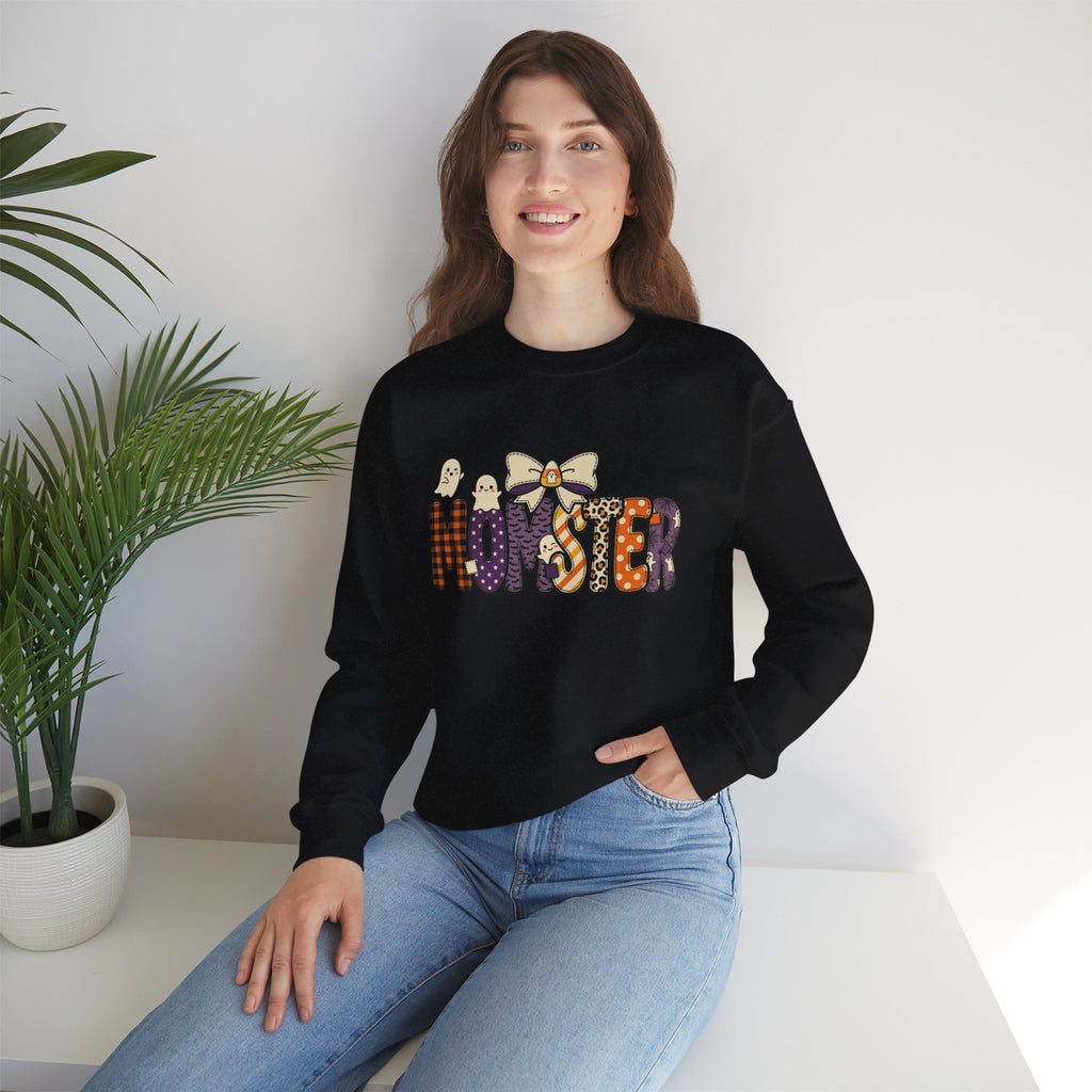 Momster Halloween Sweater | Momster Crewneck Sweatshirt, Halloween mom, purple orange spooky lettering