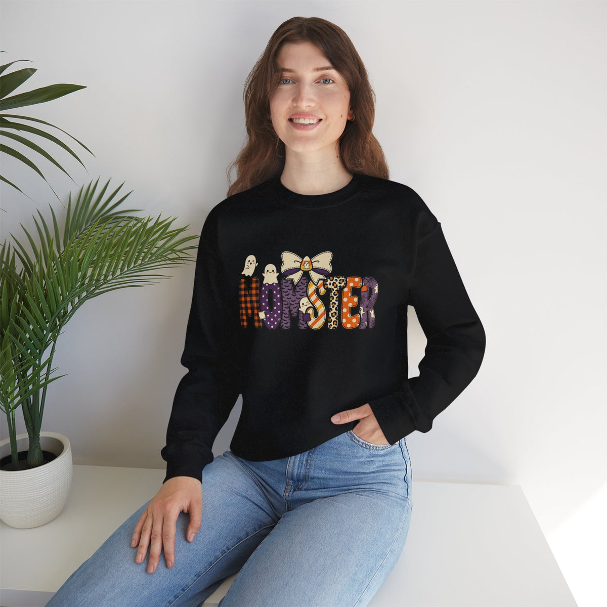 Momster Halloween Sweater | Momster Crewneck Sweatshirt, Halloween mom, purple orange spooky lettering