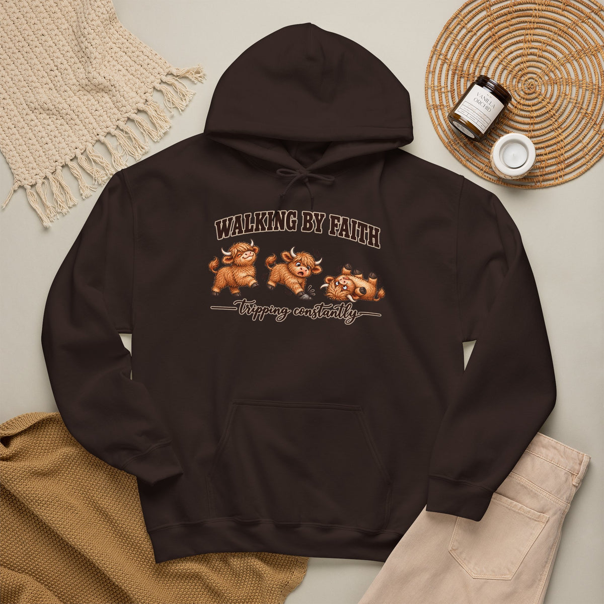 Walking by Faith Christian Highland Cow Hoodie