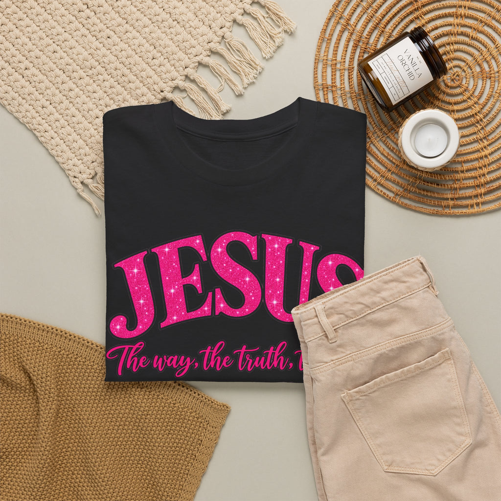 Christian T-Shirt — "JESUS The way, the truth, the life" (John 14:6) Pink Vintage Script