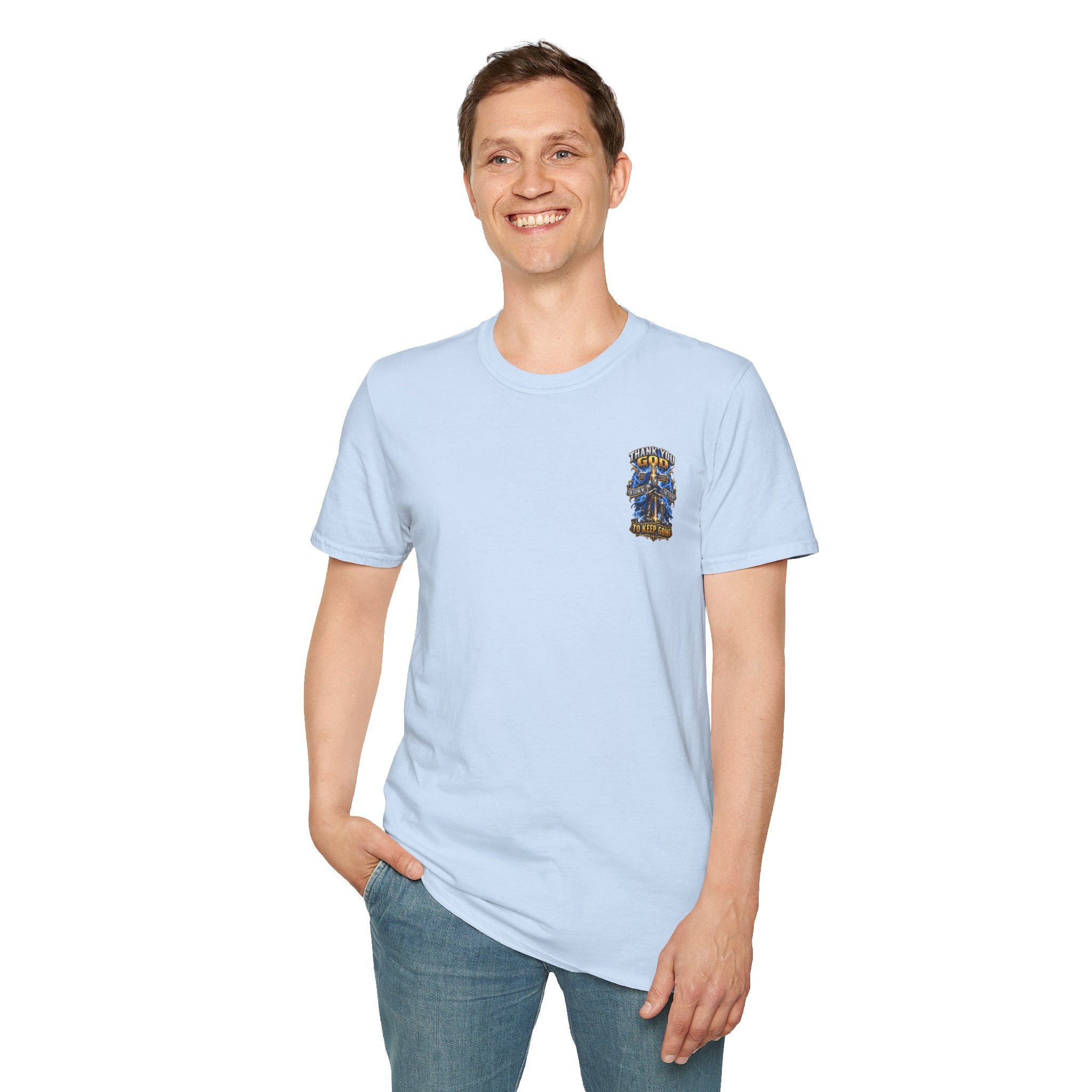 T-Shirt — "Thank You God I Keep Going" Faith Graphic Pocket Tee