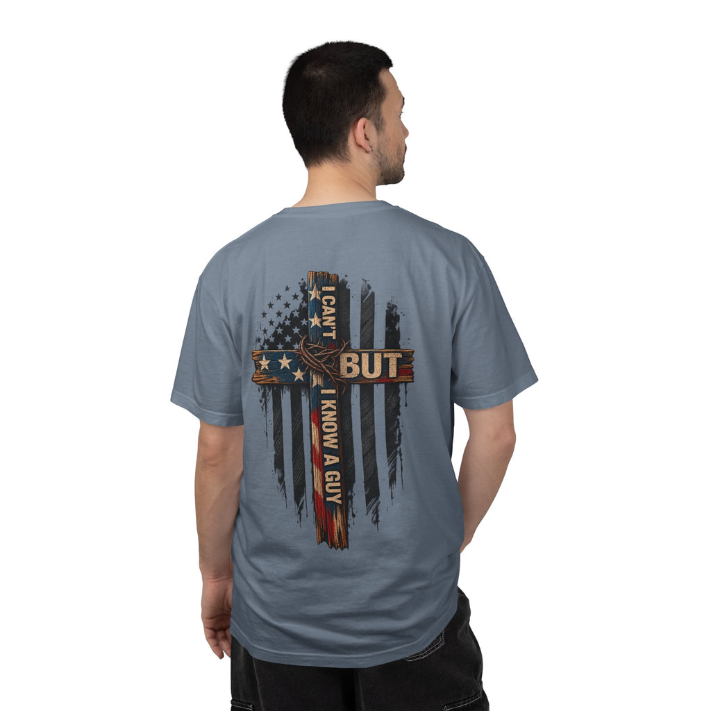 T-Shirt — 'I Can't But I Know A Guy' American Flag Cross Graphic