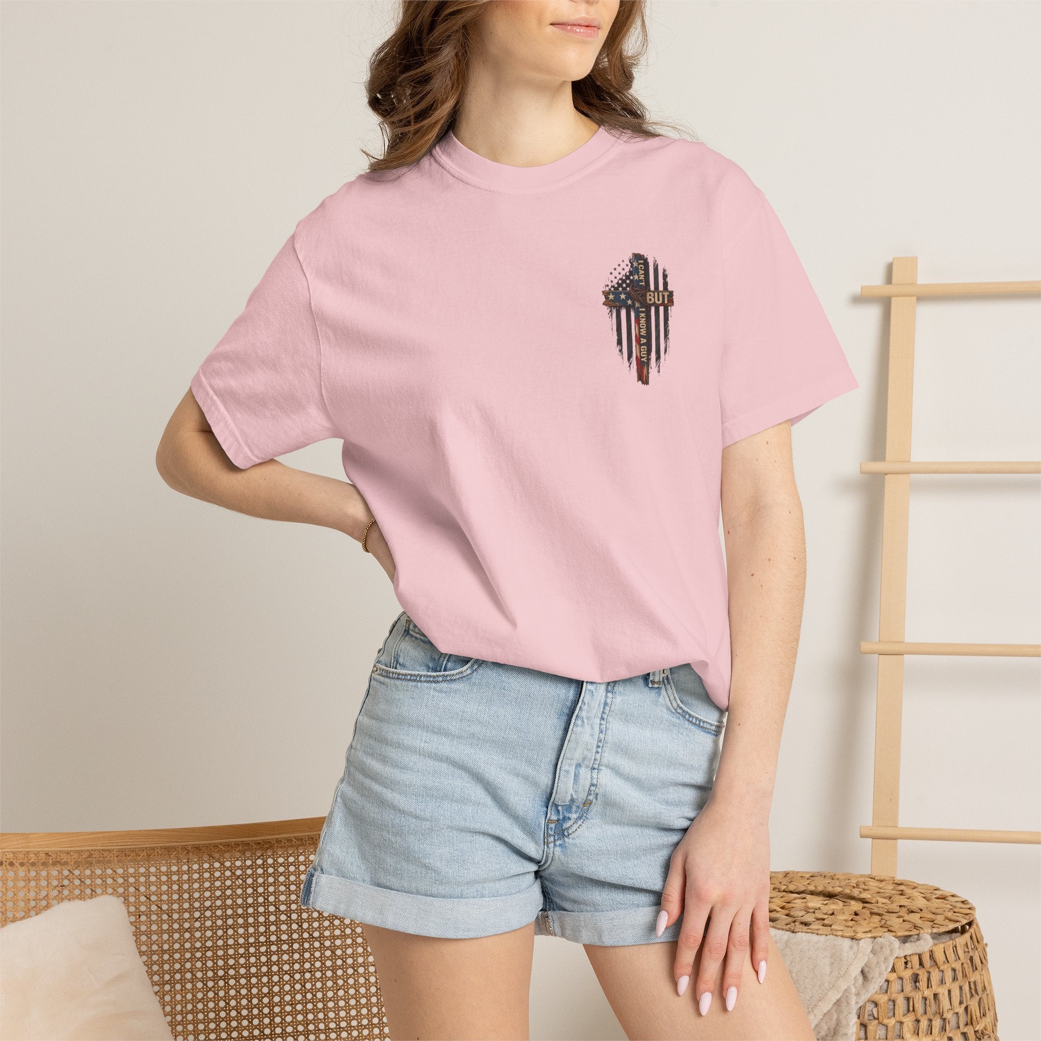T-Shirt — 'I Can't But I Know A Guy' American Flag Cross Graphic