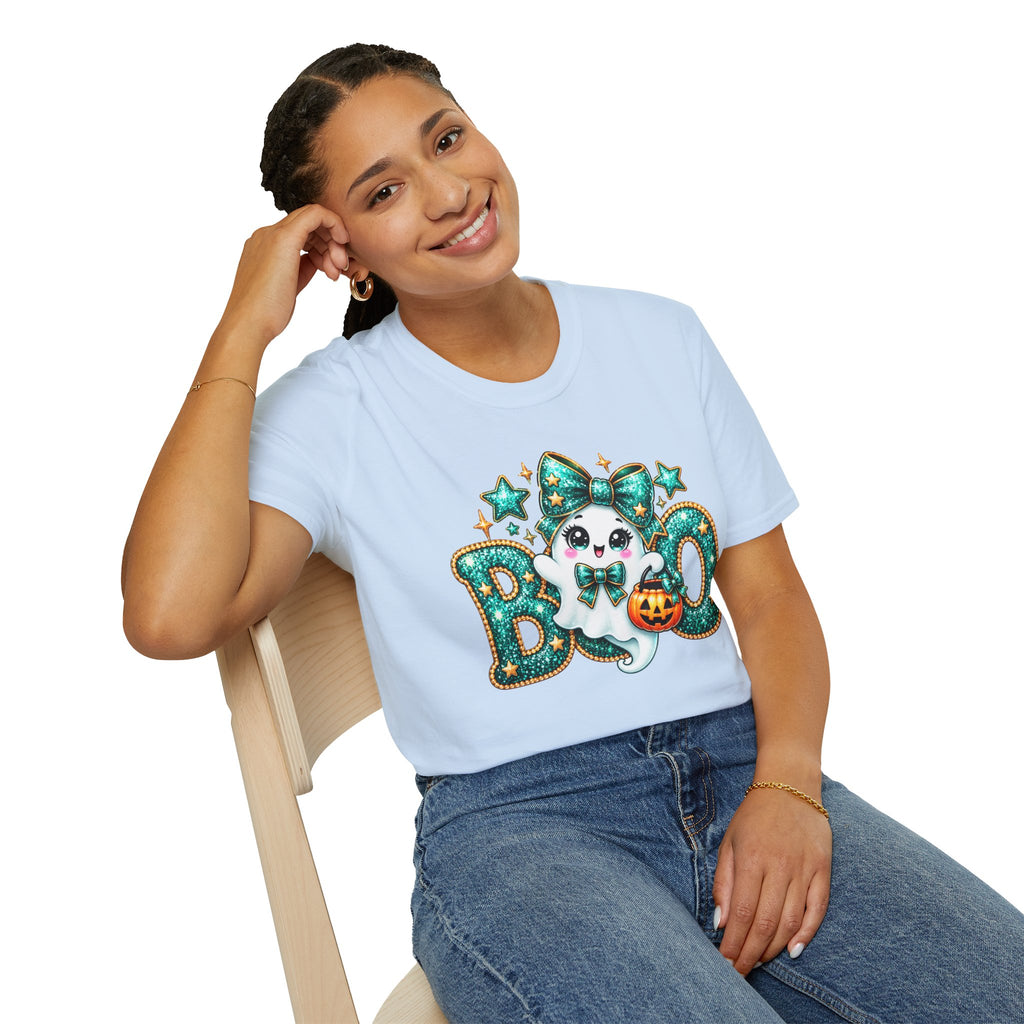 Boo Ghost Graphic T-Shirt — Cute Teal Glitter Halloween Tee