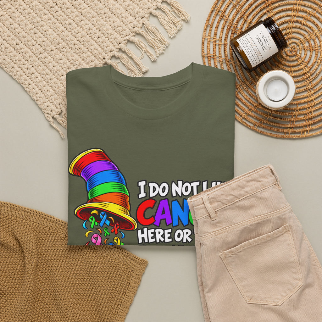 Cancer Awareness T-Shirt — “I Do Not Like Cancer Here or There” Rainbow Ribbon Tee