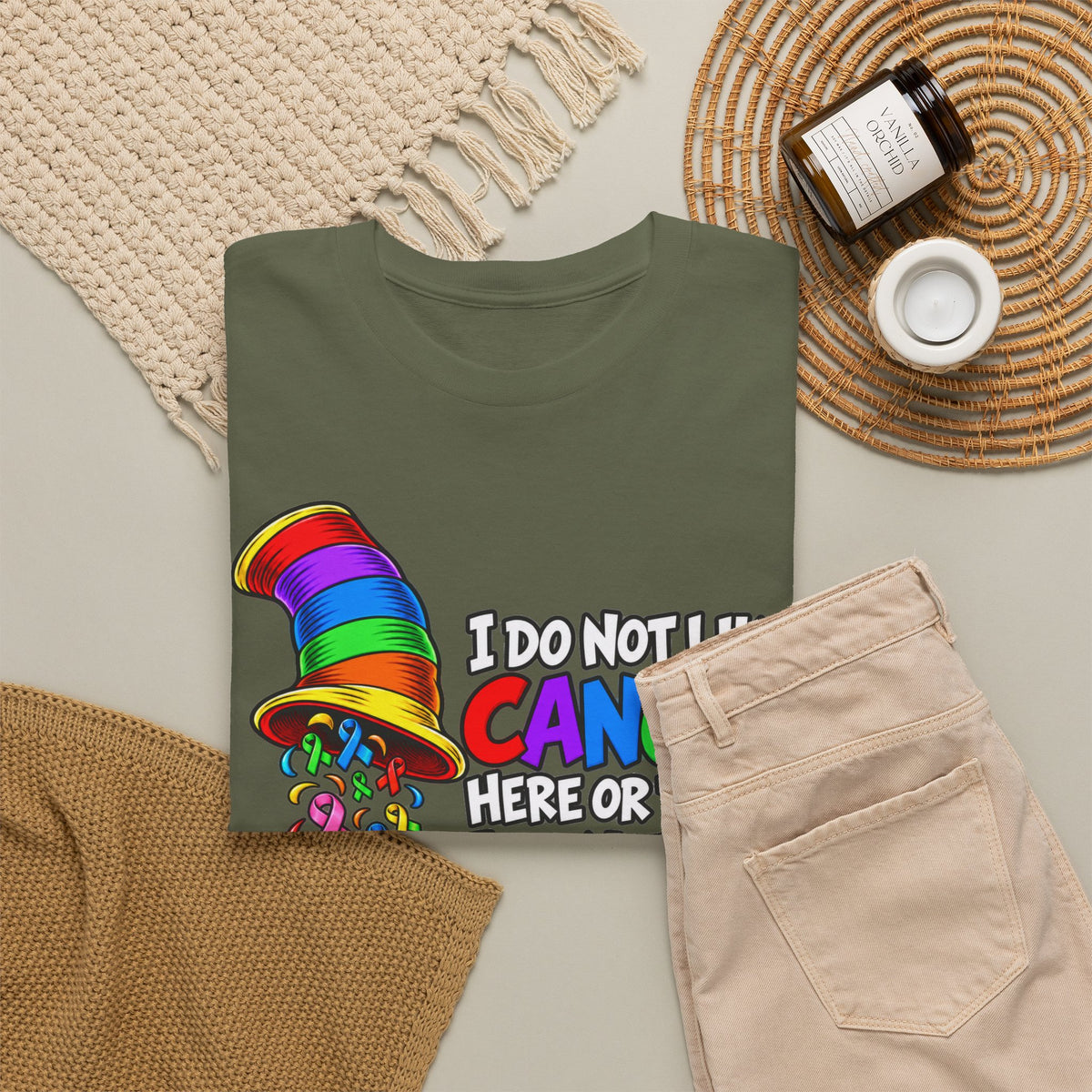 Cancer Awareness T-Shirt — “I Do Not Like Cancer Here or There” Rainbow Ribbon Tee