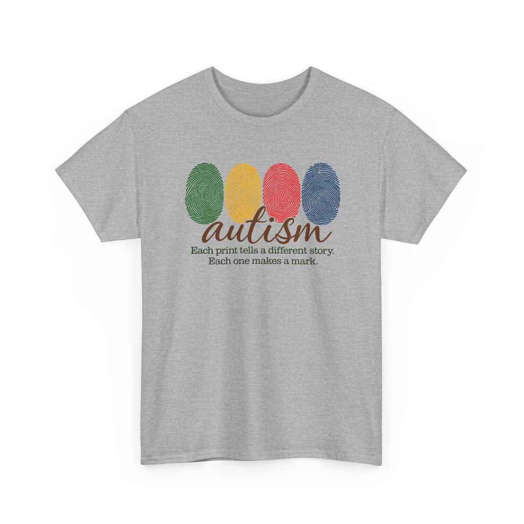 Autism Awareness T-Shirt — "Each Print Tells a Different Story" Colorful Fingerprint Tee