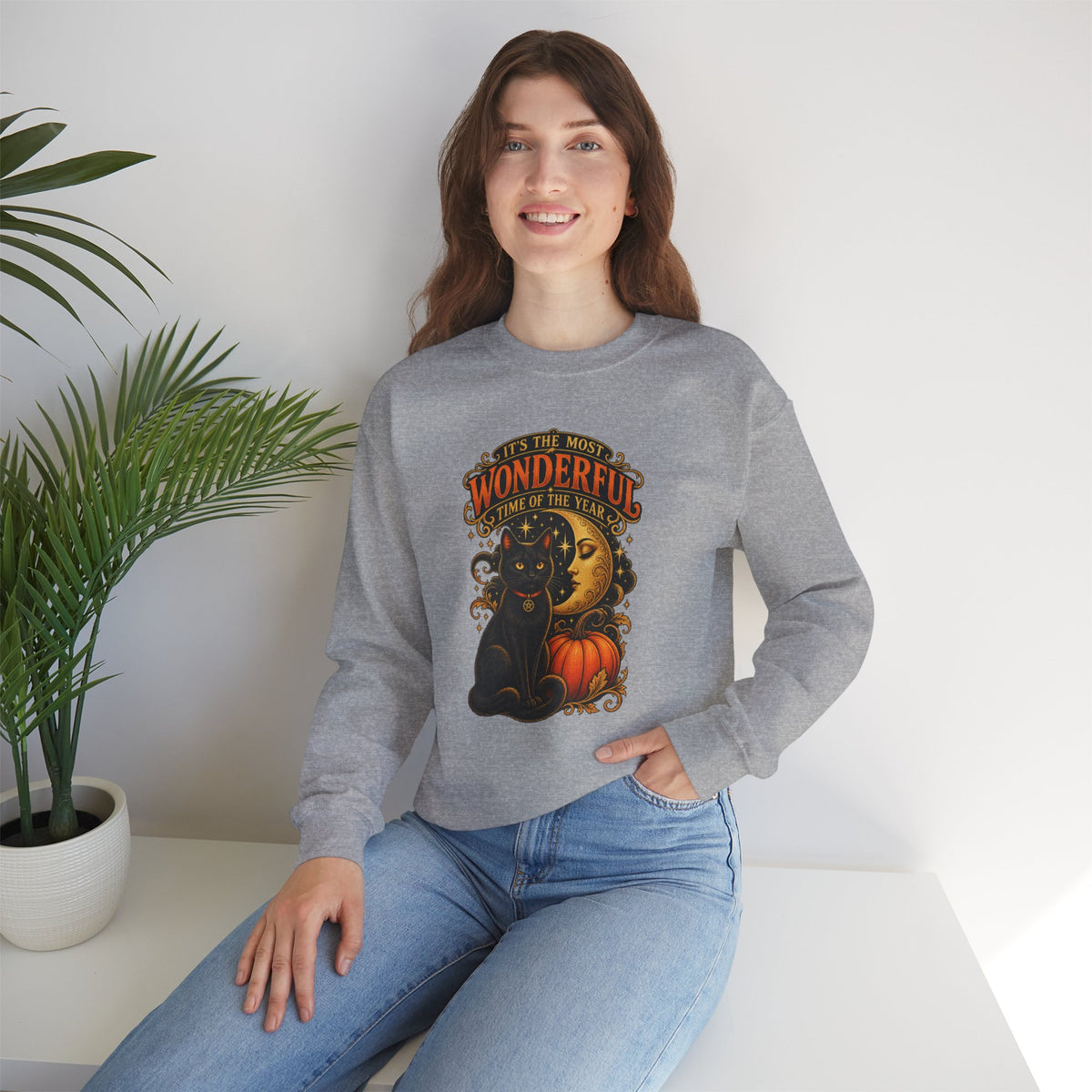 Vintage Halloween Sweatshirt - "It's the Most Wonderful Time of the Year" Black Cat & Moon Design