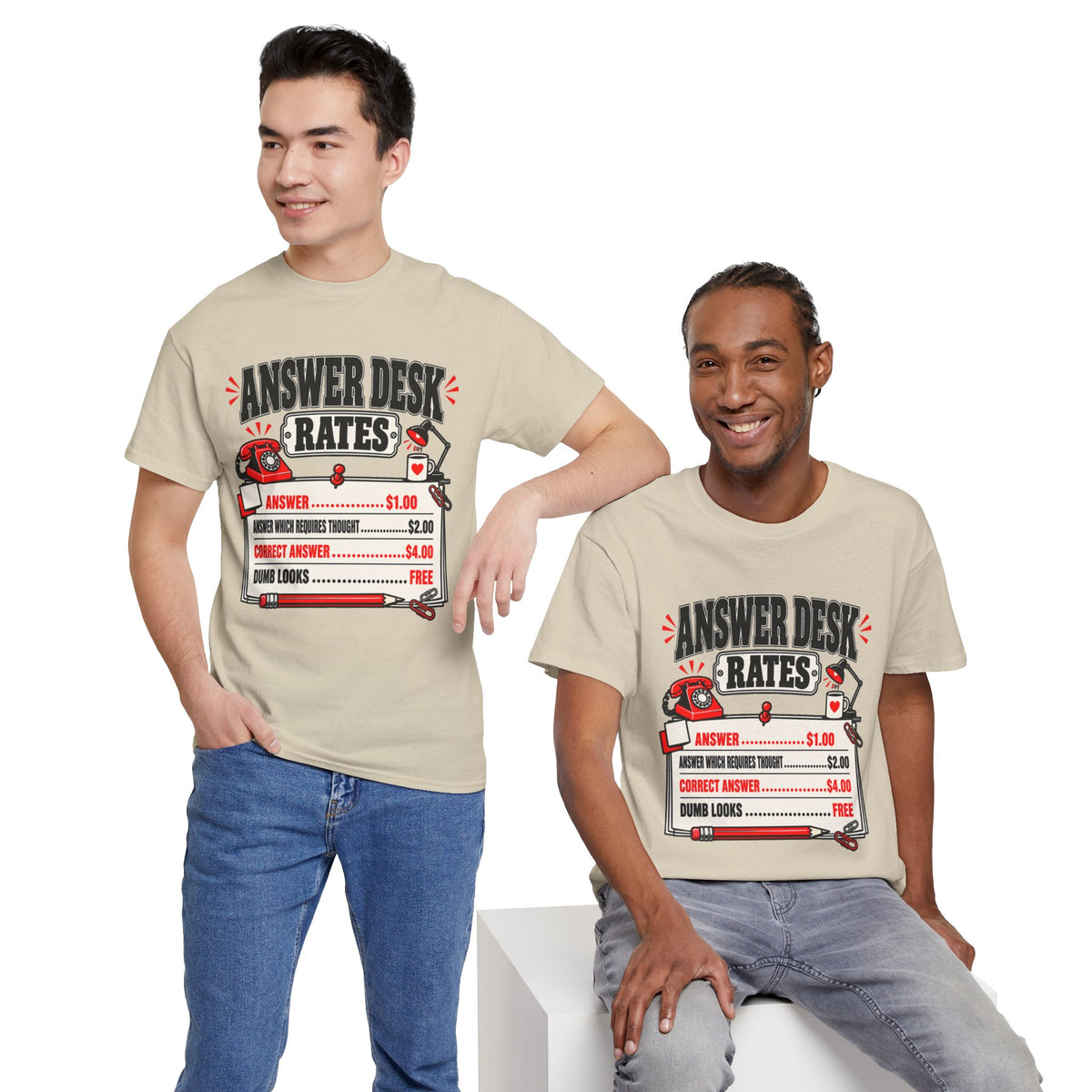 Answer Desk Rates T-Shirt — Funny Help Desk IT Support Tee ("Answer 1.00, Correct Answer 4.00")