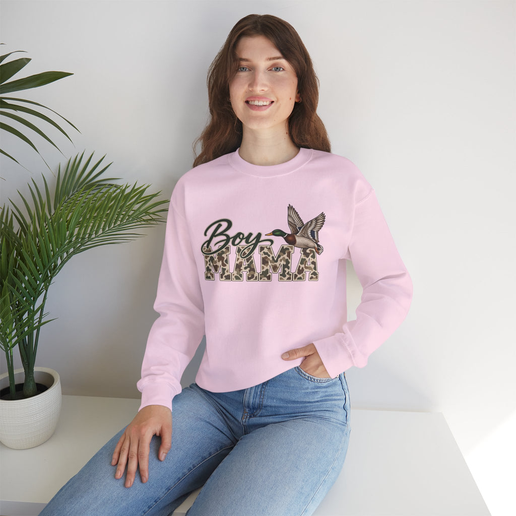Boy Mama Crewneck Sweatshirt — Camo Lettering with Flying Duck