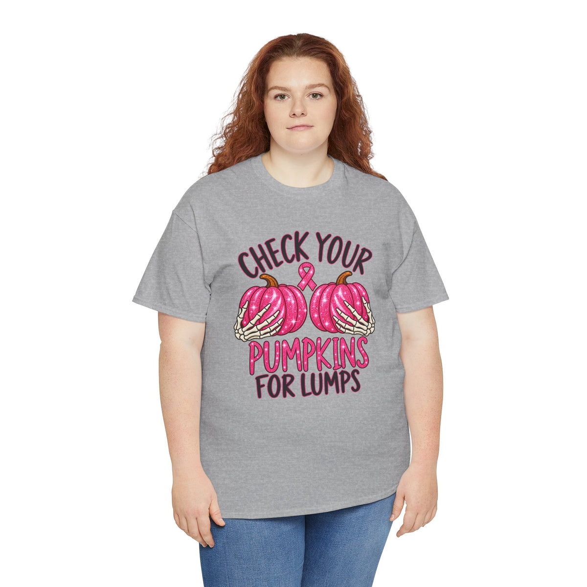 Breast Cancer Awareness T-Shirt — "Check Your Pumpkins for Lumps" Pink Ribbon Tee