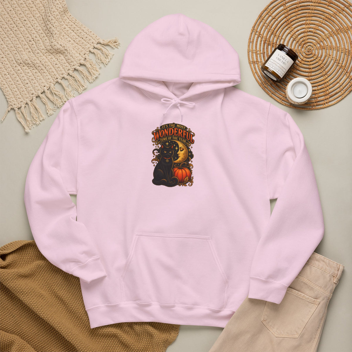 Halloween Black Cat Moon Hoodie – Vintage Pumpkin & Crescent Moon Fall Sweatshirt