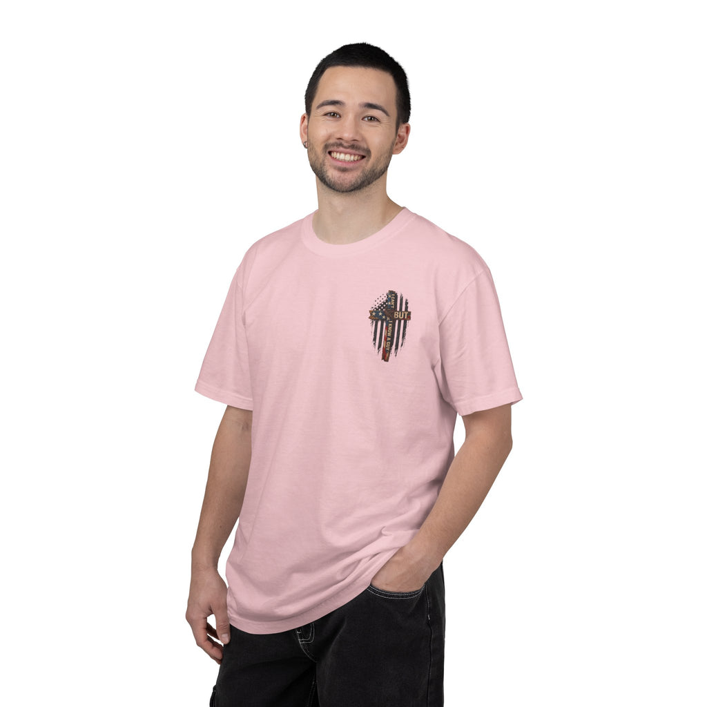 T-Shirt — 'I Can't But I Know A Guy' American Flag Cross Graphic