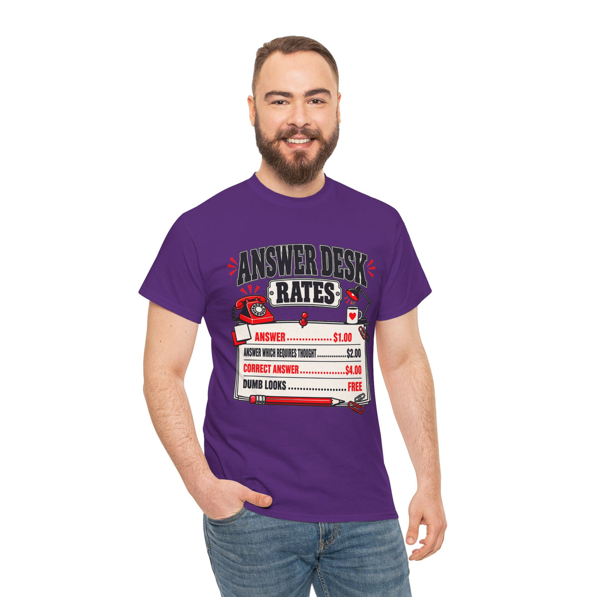 Answer Desk Rates T-Shirt — Funny Help Desk IT Support Tee ("Answer 1.00, Correct Answer 4.00")