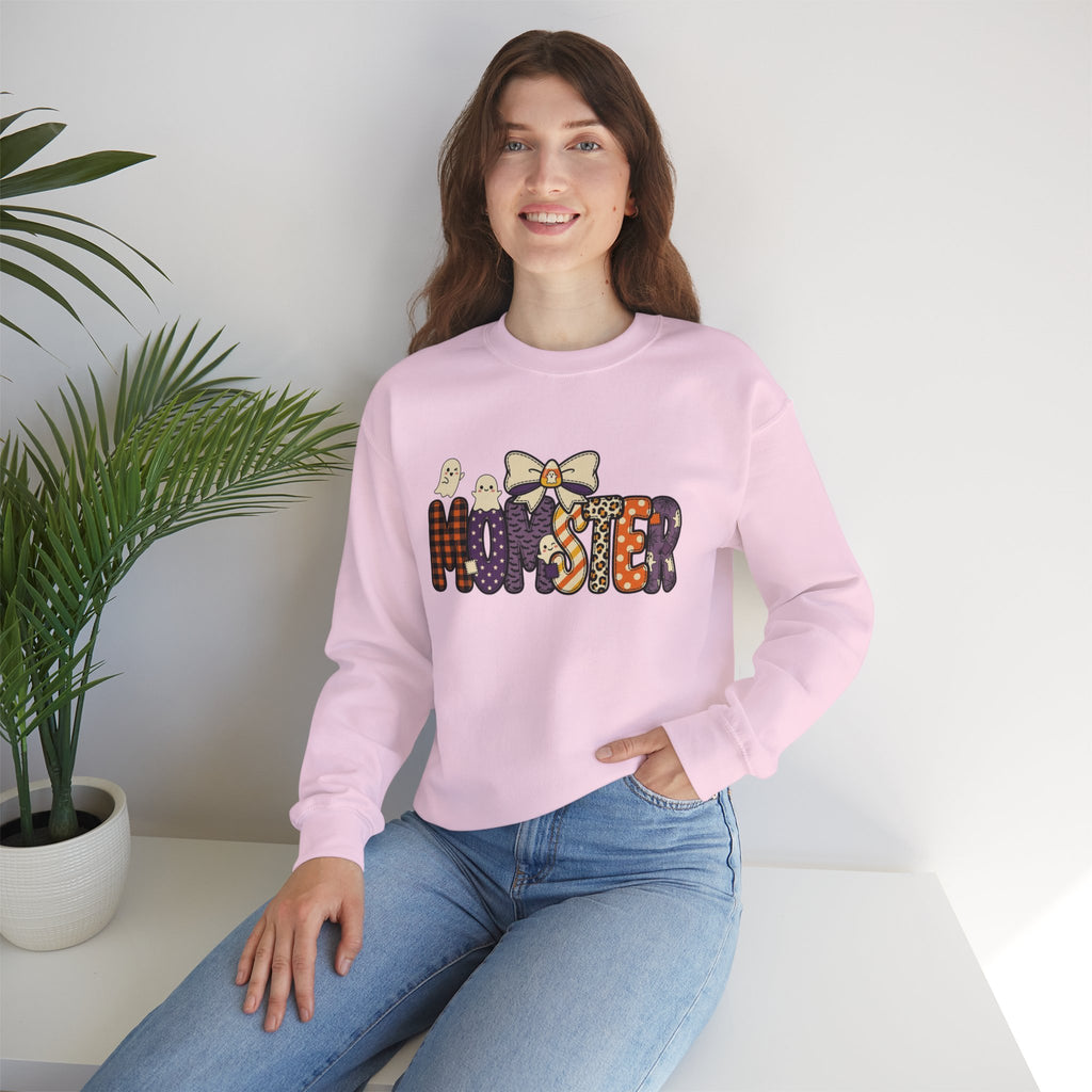 Momster Halloween Sweater | Momster Crewneck Sweatshirt, Halloween mom, purple orange spooky lettering
