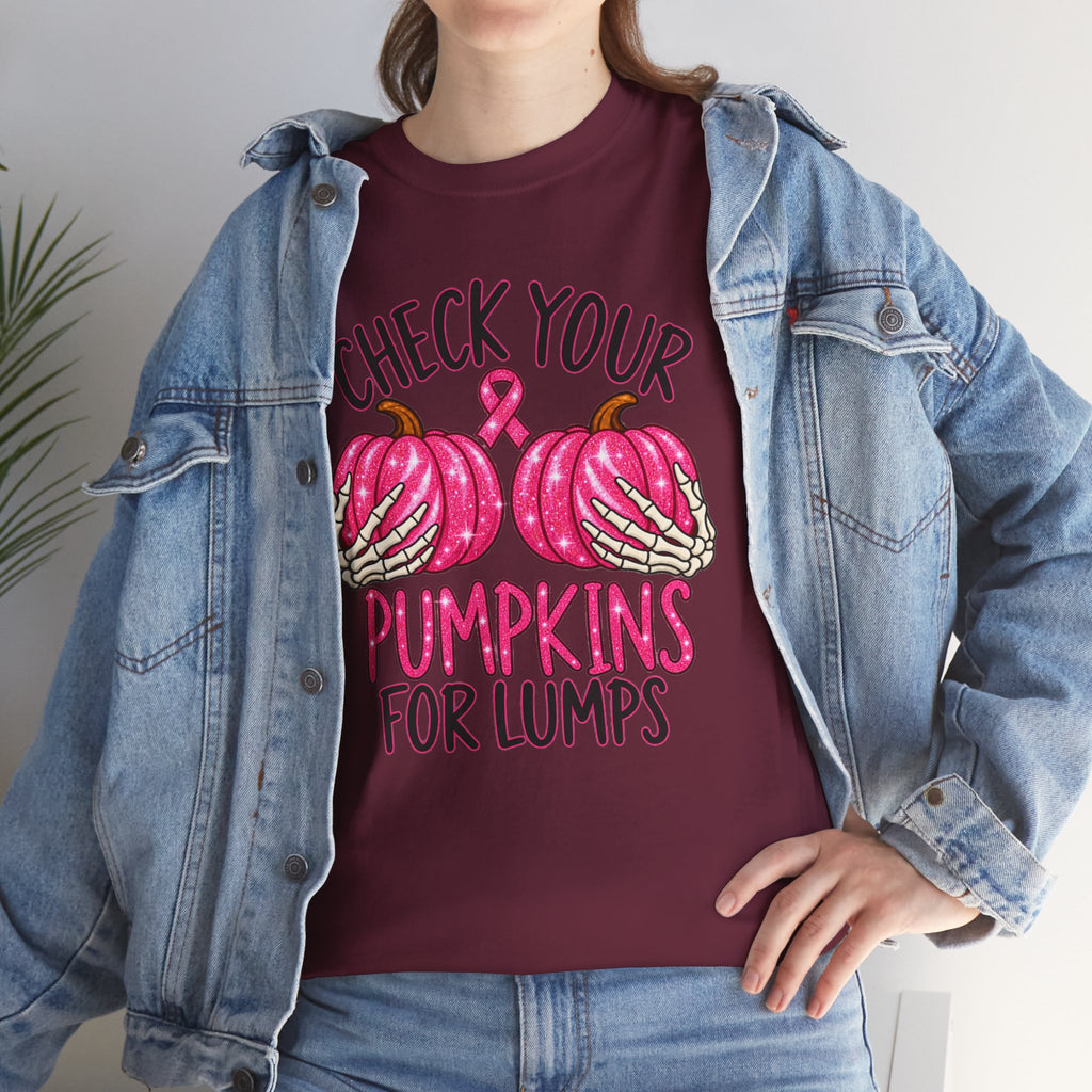 Breast Cancer Awareness T-Shirt — "Check Your Pumpkins for Lumps" Pink Ribbon Tee