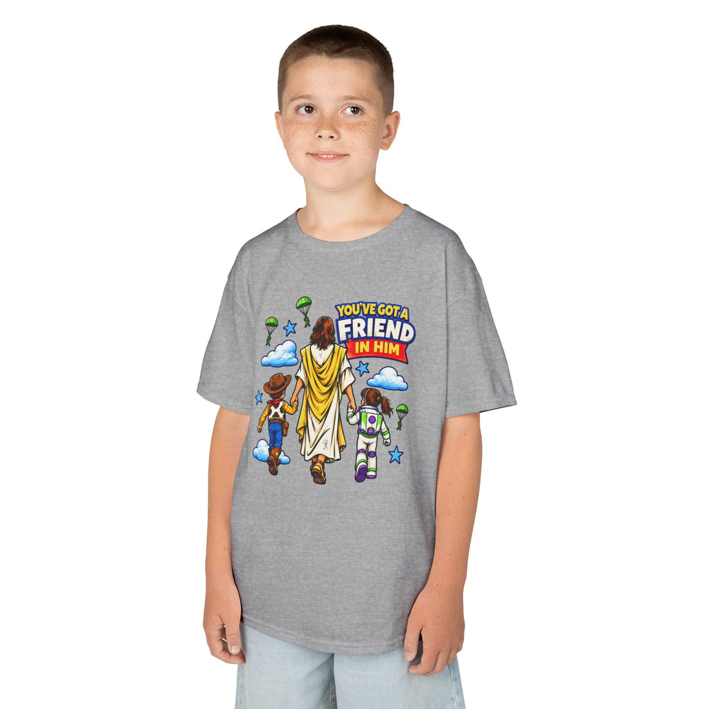Kids Tee — "You've Gotta Friend in Him" Inspirational Jesus & Toy Friends Graphic