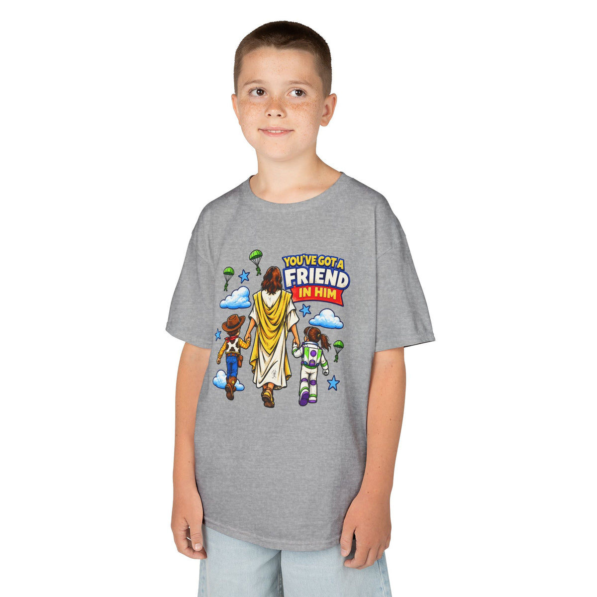 Kids Tee — "You've Gotta Friend in Him" Inspirational Jesus & Toy Friends Graphic
