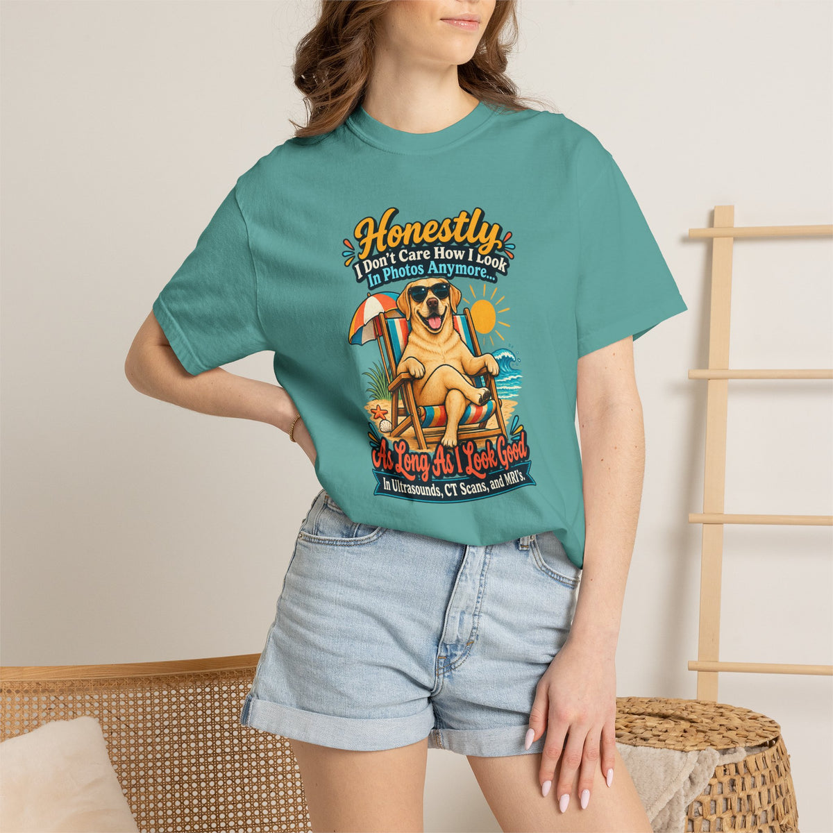 Honestly I Don’t Care How I Look In Photos Anymore T-Shirt — Funny Beach Dog Graphic Tee